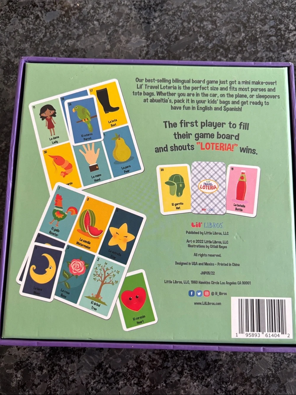 Travel Loteria Bingo Game - bi-lingual picture word game, 2-6 players, ages 3+